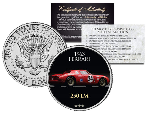 1963 FERRARI 250 GTO - Most Expensive Cars Sold at Auction - Colorized JFK Half Dollar U.S. Coin
