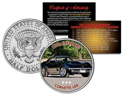 1957 FERRARI - 250 TESTA ROSSA - Most Expensive Cars Sold at Auction - Colorized JFK Half Dollar U.S. Coin