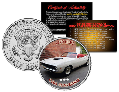 1957 FERRARI - 250 TESTA ROSSA - Most Expensive Cars Sold at Auction - Colorized JFK Half Dollar U.S. Coin