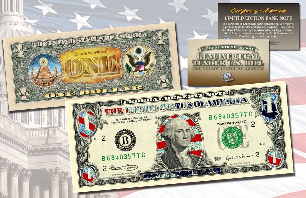 $1 Currency Dual Overlay * Patriotic Hologram & Polychrome Color * Genuine Legal Tender U.S. $1 Bill 2-Sided