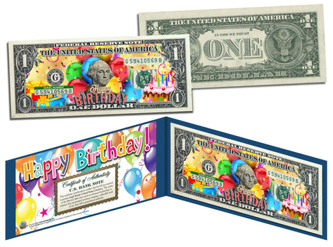 HAPPY BIRTHDAY Keepsake Gift Colorized $2 Bill U.S. Genuine Legal Tender with Folio