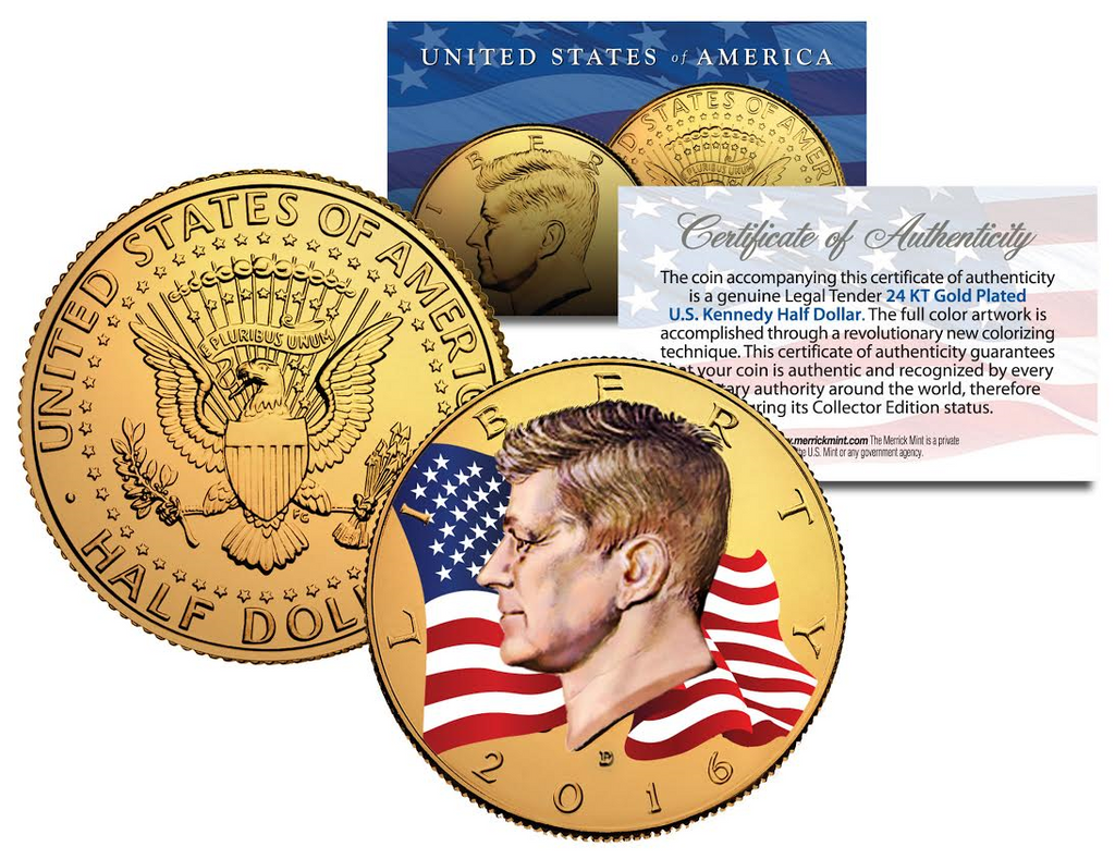 Colorized - FLOWING FLAG - 2016 JFK Kennedy Half Dollar US Coin (D Mint) - 24K Gold Plated