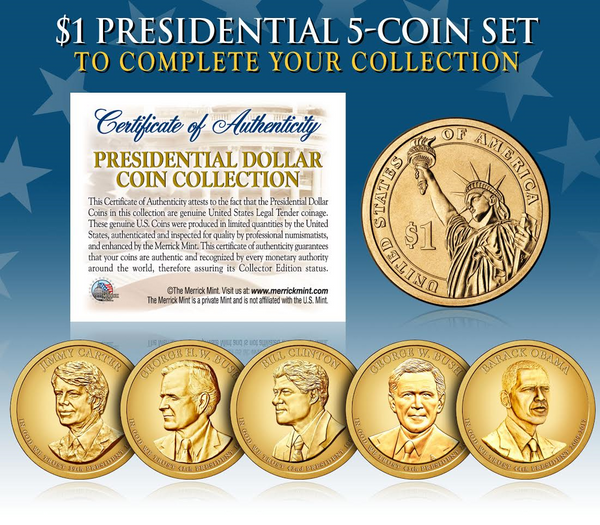 2016 Presidential $1 Dollar Colorized with Golden Hue * 5-Coin