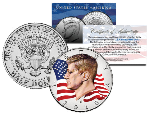 Colorized FLOWING FLAG 2018-P JFK Kennedy Half Dollar US Coin 24K Gold Plated