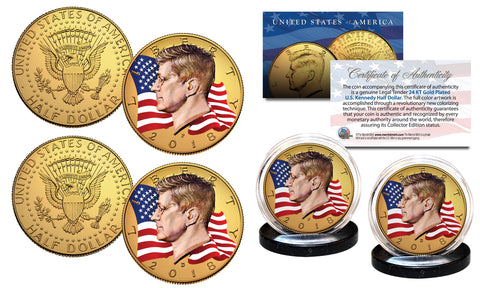 APOLLO 11 50th Anniversary Man on Moon Space JFK Kennedy Half Dollar Genuine U.S. 2-Coin Set - 1969 Original Button Artwork - Armstrong - Collins - Aldrin