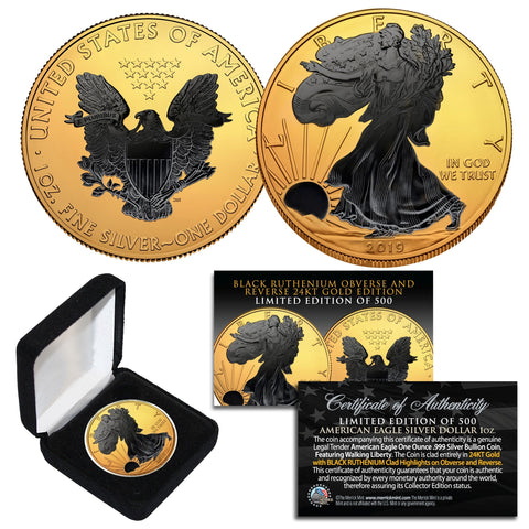 Dual 24K GOLD GILDED & COLORIZED 2-Sided 1 Troy Oz. 2019 Silver Eagle U.S. Coin with Deluxe Felt Display Box