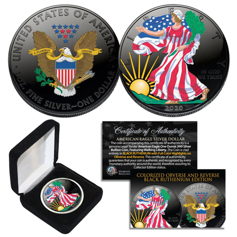 Dual BLACK RUTHENIUM COLORIZED 2-Sided 1 Troy Oz. 2018 Silver Eagle U.S. Coin with Deluxe Felt Display Box