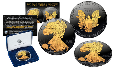 2019 Silver Eagle Uncirculated 1 oz Ounce U.S. Coin * Mixed-Metals Select Mirror Finish * .999 FINE SILVER GILDED with 24K Gold Backdrop (with BOX)