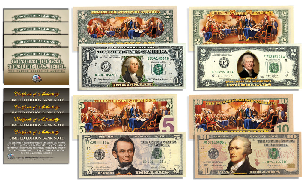 Declaration of Independence 2-Sided Colorized Genuine Legal Tender U.S. Bills *Complete Set $1/$2/$5/$10*
