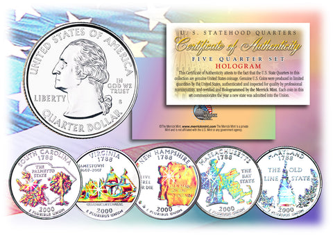 2001 US Statehood Quarters HOLOGRAM - 5-Coin Complete Set - with Capsules & COA