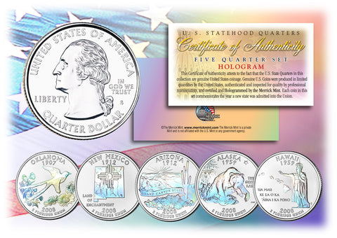 2004 US Statehood Quarters HOLOGRAM - 5-Coin Complete Set - with Capsules & COA