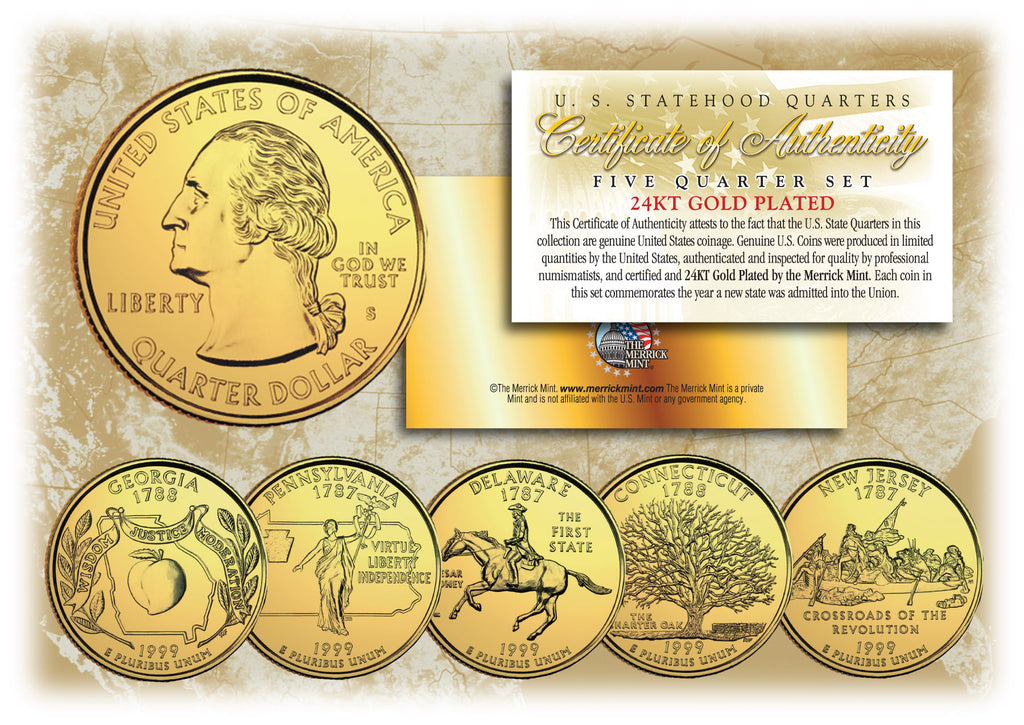 1999 US Statehood Quarters 24K GOLD PLATED - 5-Coin Complete Set - with Capsules & COA