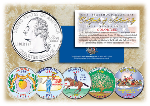 2007 US Statehood Quarters COLORIZED Legal Tender - 5-Coin Complete Set - with Capsules & COA