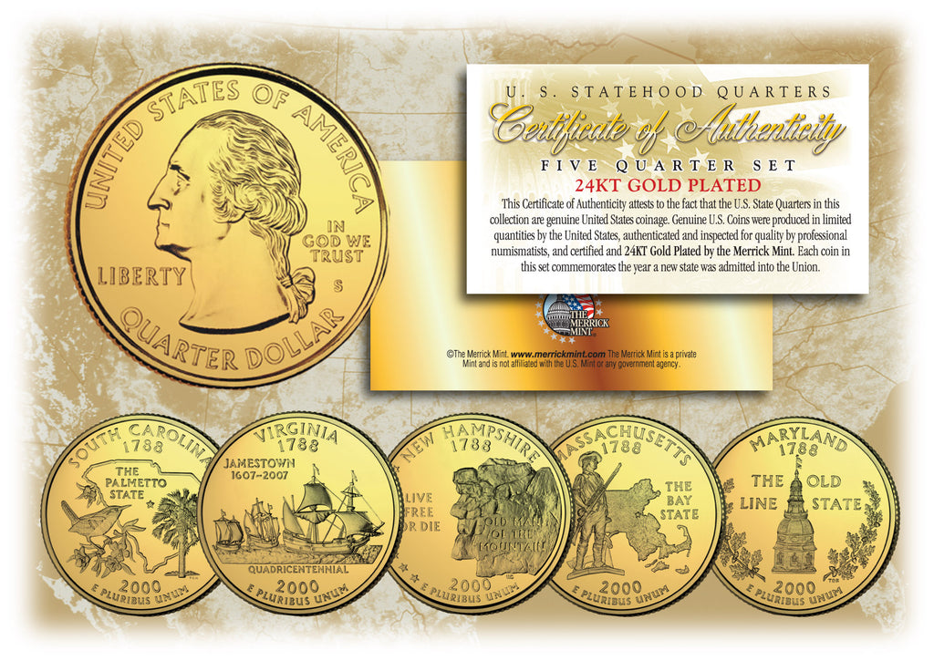 2000 US Statehood Quarters 24K GOLD PLATED - 5-Coin Complete Set - with Capsules & COA