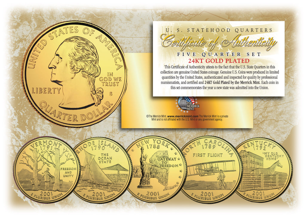 2001 US Statehood Quarters 24K GOLD PLATED - 5-Coin Complete Set - with Capsules & COA