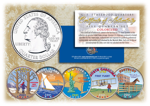 2008 US Statehood Quarters COLORIZED Legal Tender - 5-Coin Complete Set - with Capsules & COA