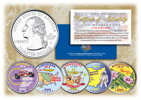 2004 US Statehood Quarters COLORIZED Legal Tender - 5-Coin Complete Set - with Capsules & COA