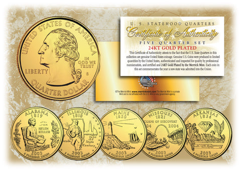 2002 US Statehood Quarters 24K GOLD PLATED - 5-Coin Complete Set - with Capsules & COA