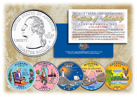 2005 US Statehood Quarters COLORIZED Legal Tender - 5-Coin Complete Set - with Capsules & COA