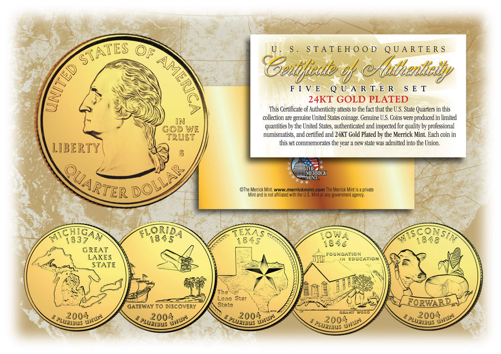 2004 US Statehood Quarters 24K GOLD PLATED - 5-Coin Complete Set - with Capsules & COA
