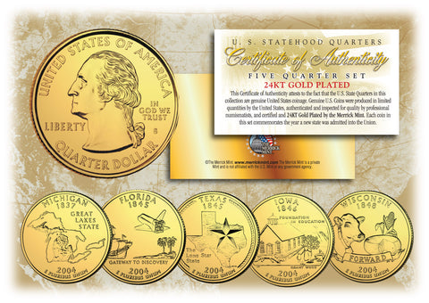 2005 US Statehood Quarters 24K GOLD PLATED - 5-Coin Complete Set - with Capsules & COA