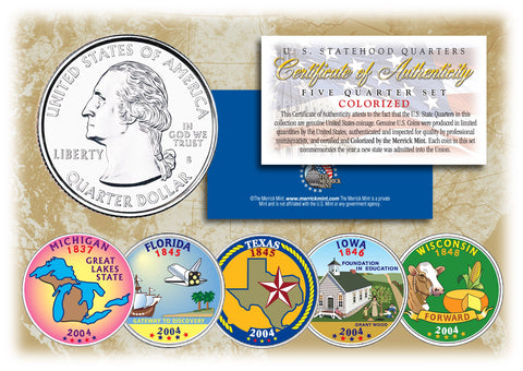 2007 US Statehood Quarters COLORIZED Legal Tender - 5-Coin Complete Set - with Capsules & COA