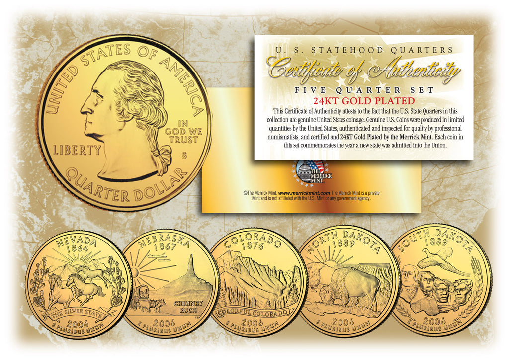 2006 US Statehood Quarters 24K GOLD PLATED - 5-Coin Complete Set - with Capsules & COA
