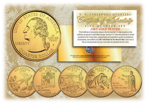 2003 US Statehood Quarters 24K GOLD PLATED - 5-Coin Complete Set - with Capsules & COA