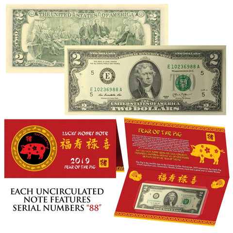 2019 CNY Chinese YEAR of the PIG Lucky Money S/N 88 U.S. $1 Bill w/ Red Folder