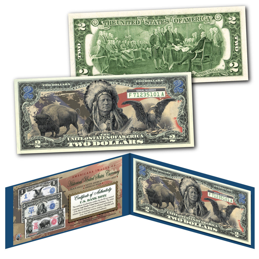 Americana Images of Historical U.S. Currency Genuine Legal Tender $2 Bill - Black Eagle / Buffalo Bison / Indian Chief