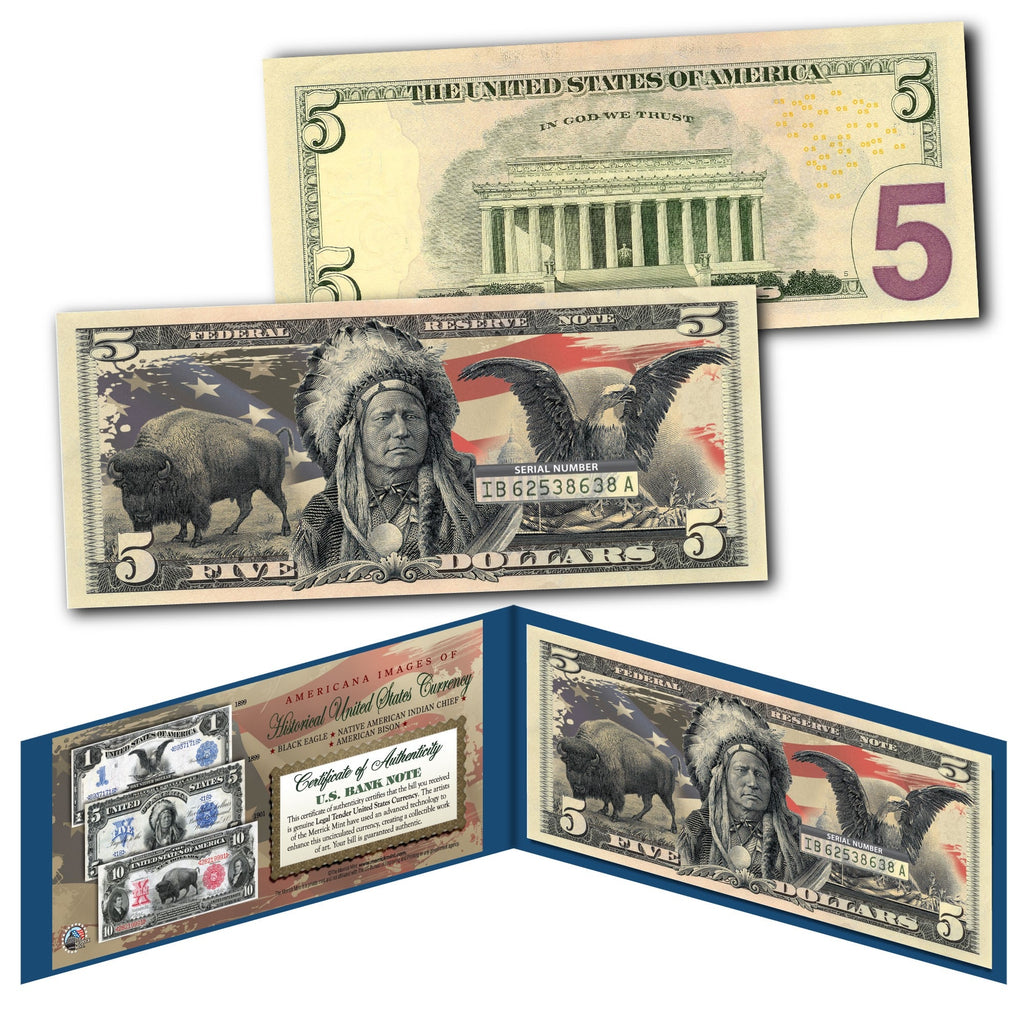 Americana Images of Historical U.S. Currency Genuine Legal Tender $5 Bill - Black Eagle / Buffalo Bison / Indian Chief