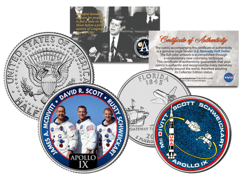 APOLLO 7 VII SPACE MISSION Colorized 2-Coin Set U.S. Florida Quarter & JFK Half Dollar - NASA ASTRONAUTS