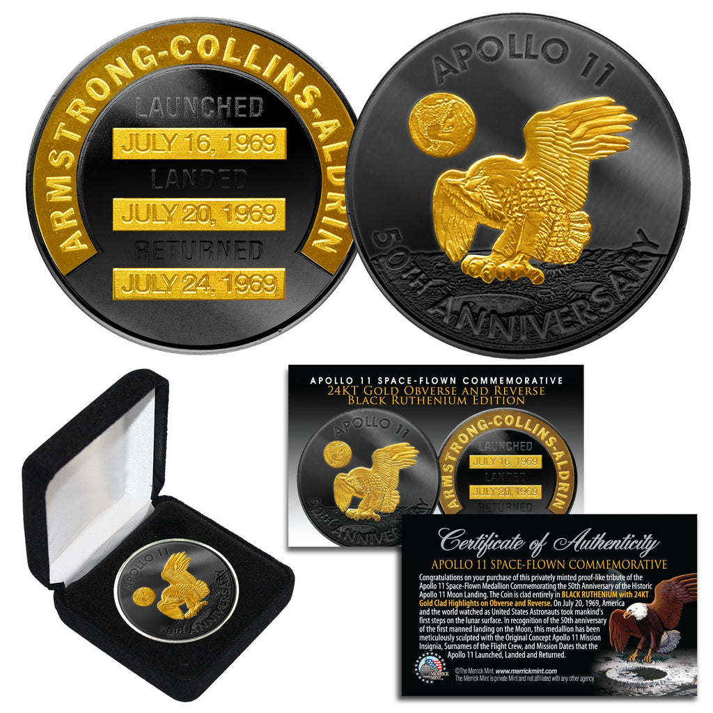 Apollo 11 50th Anniversary Commemorative 1 OZ One-Ounce Space Medallion Tribute Coin clad in Black Ruthenium & 24K Gold w/ BOX