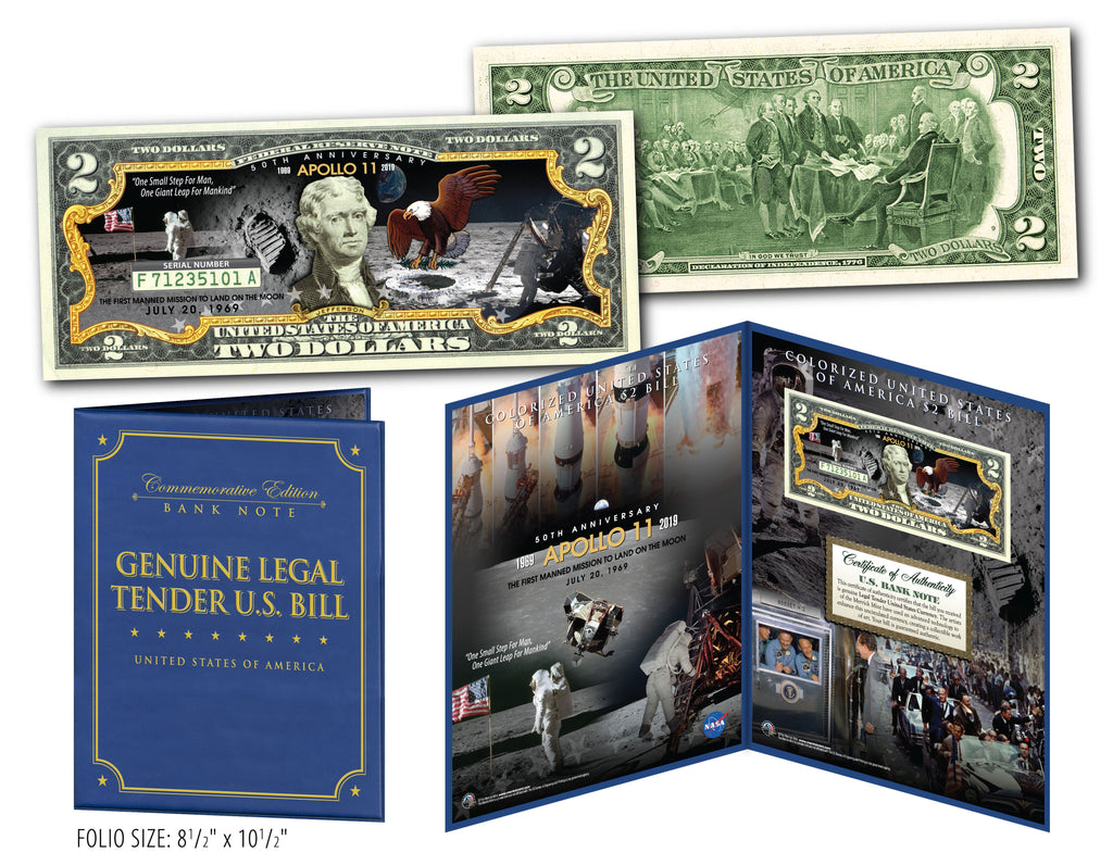 APOLLO 11 Moon Landing 50th Anniversary Genuine Legal Tender U.S. $2 Bill in Large Collectors Folio Display