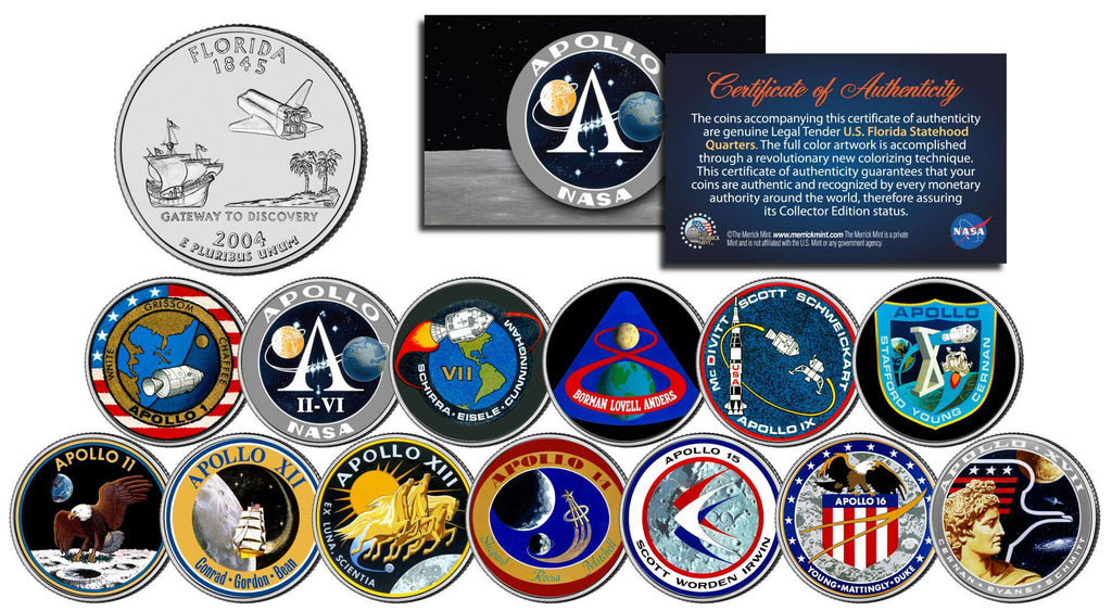 The APOLLO SPACE MISSIONS - Colorized Florida Quarters US 13-Coin Complete Set - NASA PROGRAM