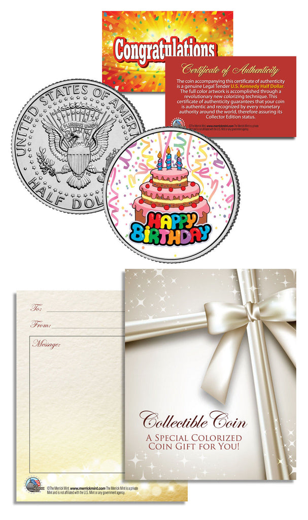 HAPPY BIRTHDAY Plush Bear & Happy Birthday JFK Half Dollar Colorized US Coin