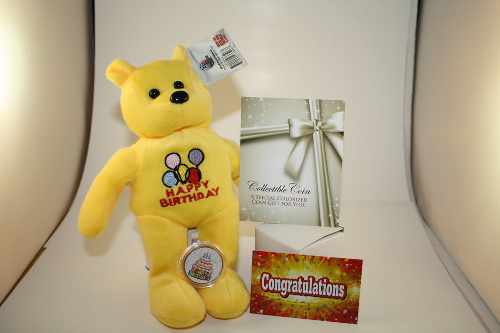 HAPPY BIRTHDAY Plush Bear & Happy Birthday JFK Kennedy Half Dollar Colorized US Coin