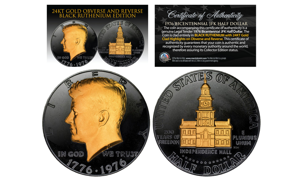 Black RUTHENIUM 2-Sided 1976 Bicentennial JFK Half Dollar with 24KT Gold Clad Highlights Obverse & Reverse