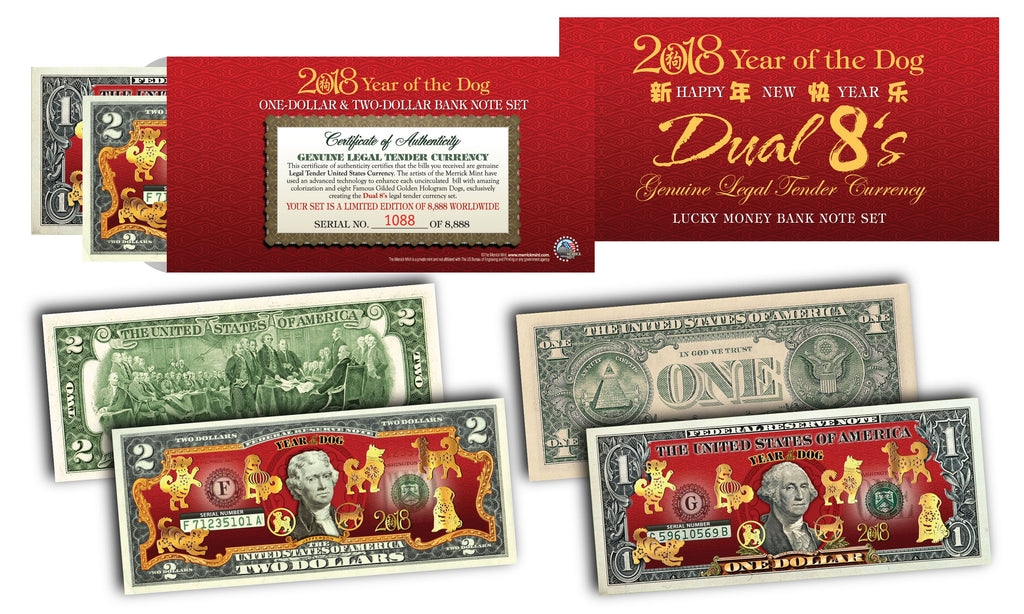 2018 YEAR OF THE DOG $1 & $2 Chinese New Year Lucky Money Set - DUAL 8’s GOLD MATCHING DOG’s in Premium RED LUNAR ENVELOPE – Limited & Numbered of 8,888 Sets Worldwide SOLD OUT