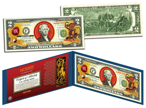 Chinese Zodiac - YEAR OF THE DOG - Colorized $2 Bill U.S. Legal Tender Currency