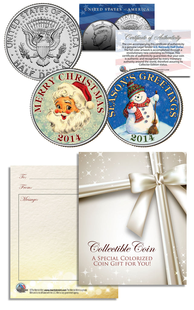 MERRY CHRISTMAS 2014 JFK Kennedy Colorized Half Dollar US 2-Coin Set in Ornament Capsules - Snowman & Santa Claus