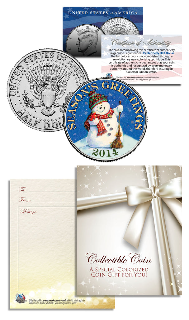 MERRY CHRISTMAS " Snowman " 2014 JFK Kennedy Colorized Half Dollar US Coin in Ornament Capsule