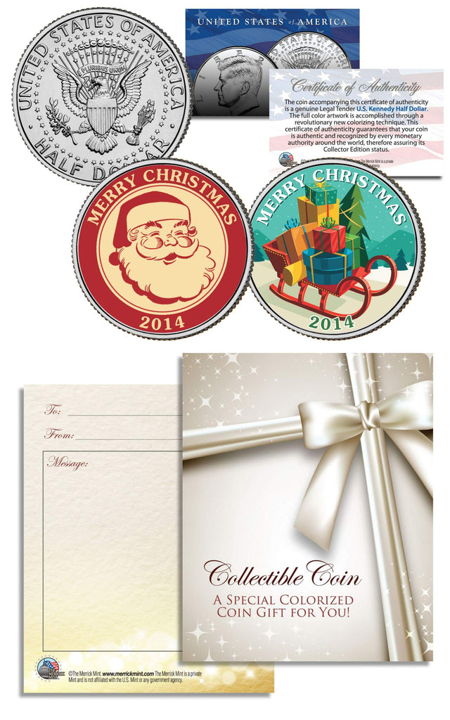 MERRY CHRISTMAS 2014 JFK Kennedy Colorized Half Dollar US 2-Coin Set in Ornament Capsules - Santa's Sleigh & Santa Claus