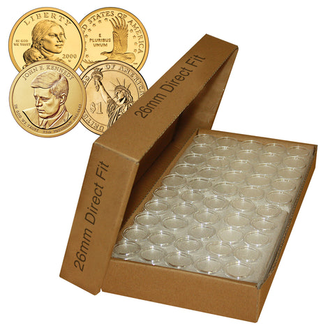 PRESIDENTIAL DOLLAR / SACAGAWEA DOLLAR / SBA DOLLAR Direct-Fit Airtight 26mm Coin Capsule Holders (QTY: 50) **COMES PACKAGED WITH BOX AS SHOWN**