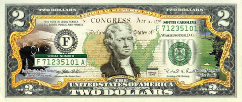 NEW JERSEY State/Park COLORIZED Legal Tender U.S. $2 Bill with Security Features