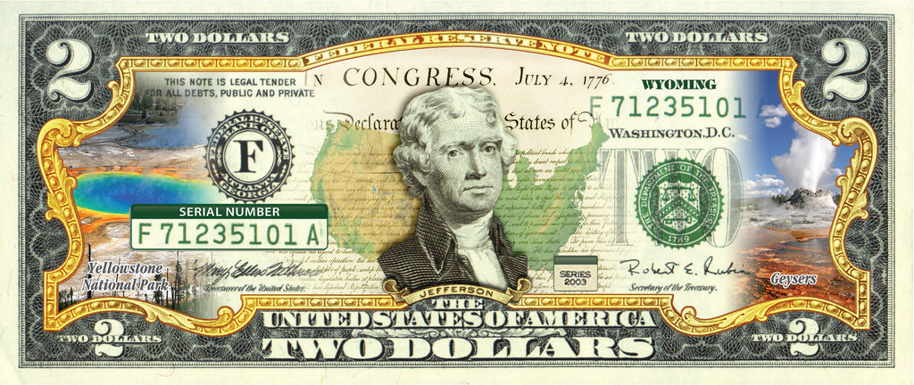 WYOMING State/Park COLORIZED Legal Tender U.S. $2 Bill with Security Features