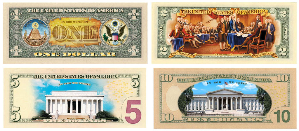 Set of 4 - COLORIZED 2-SIDED U.S. Bills Currency $1 / $2 / $5 / $10 Genuine Legal Tender