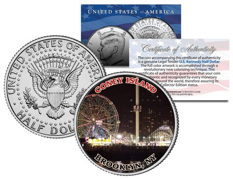 CONEY ISLAND WONDER WHEEL - Colorized JFK Kennedy Half Dollar U.S. Coin - BROOKLYN NY