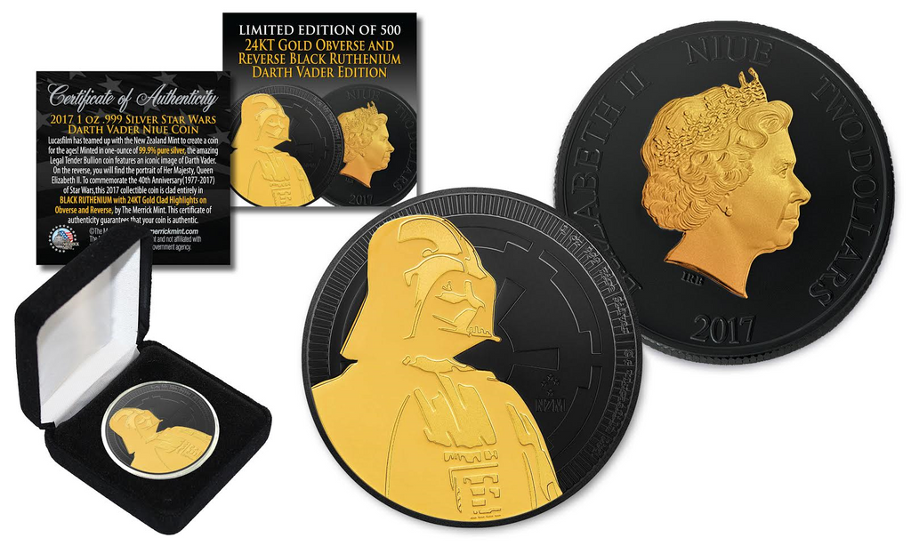 2017 NZM Niue 1 oz Pure Silver BU Star Wars DARTH VADER Coin BLACK RUTHENIUM with 24KT Gold Clad Highlights