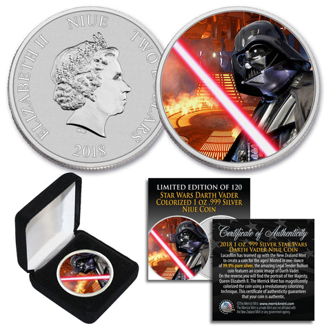 2018 Niue 1 oz Pure Silver BU Star Wars DARTH VADER LIGHTSABER Coin with MUSTAFAR Galactic Empire Backdrop - Limited of 120